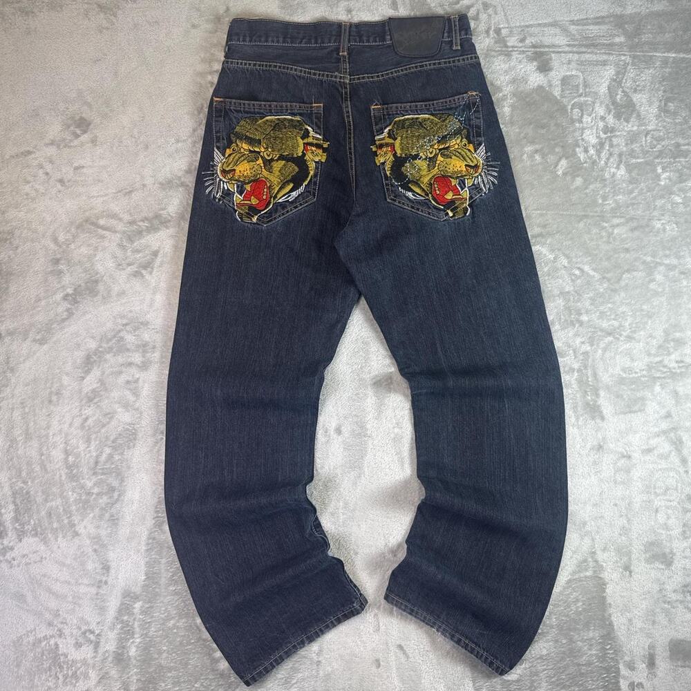 Vintage Ed Hardy Tiger Embroidered Wide Leg Jeans Men’s 32 Y2K Denim